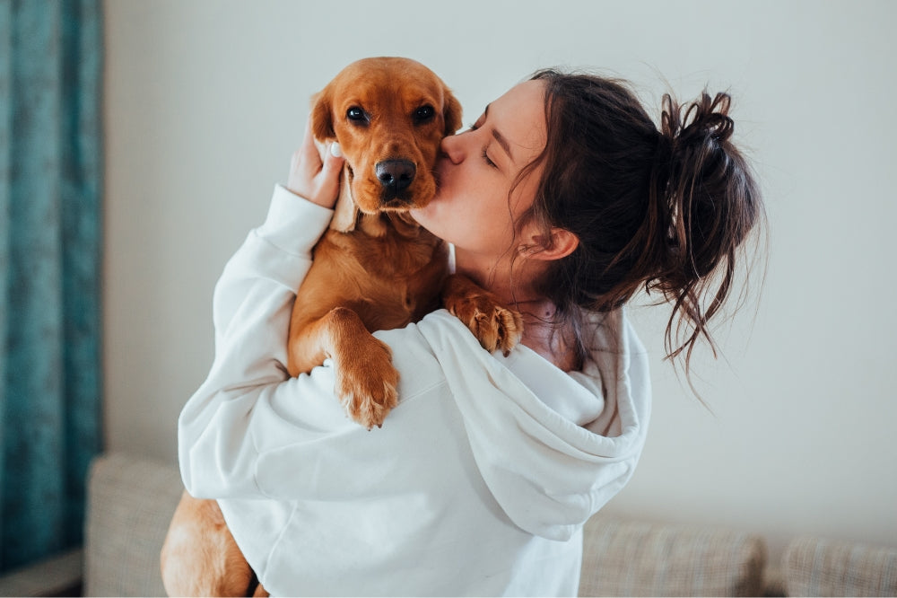 woman with messy bun & hoodie giving golden dog over her shoulder a smooch