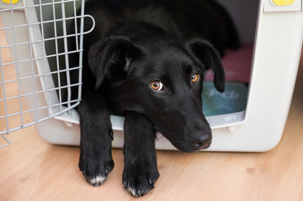 Black Lab lying down in dog crate with door open and paws hanging out