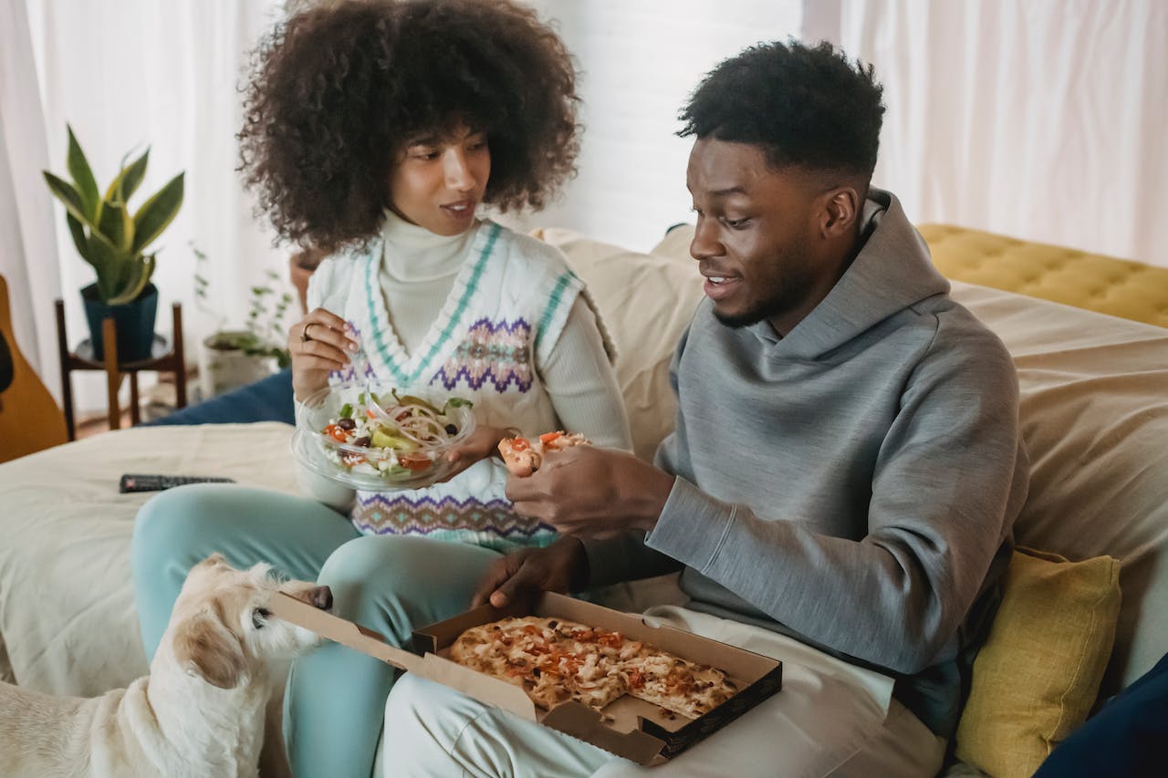 a small white dog looking at a man eat a ham pizza