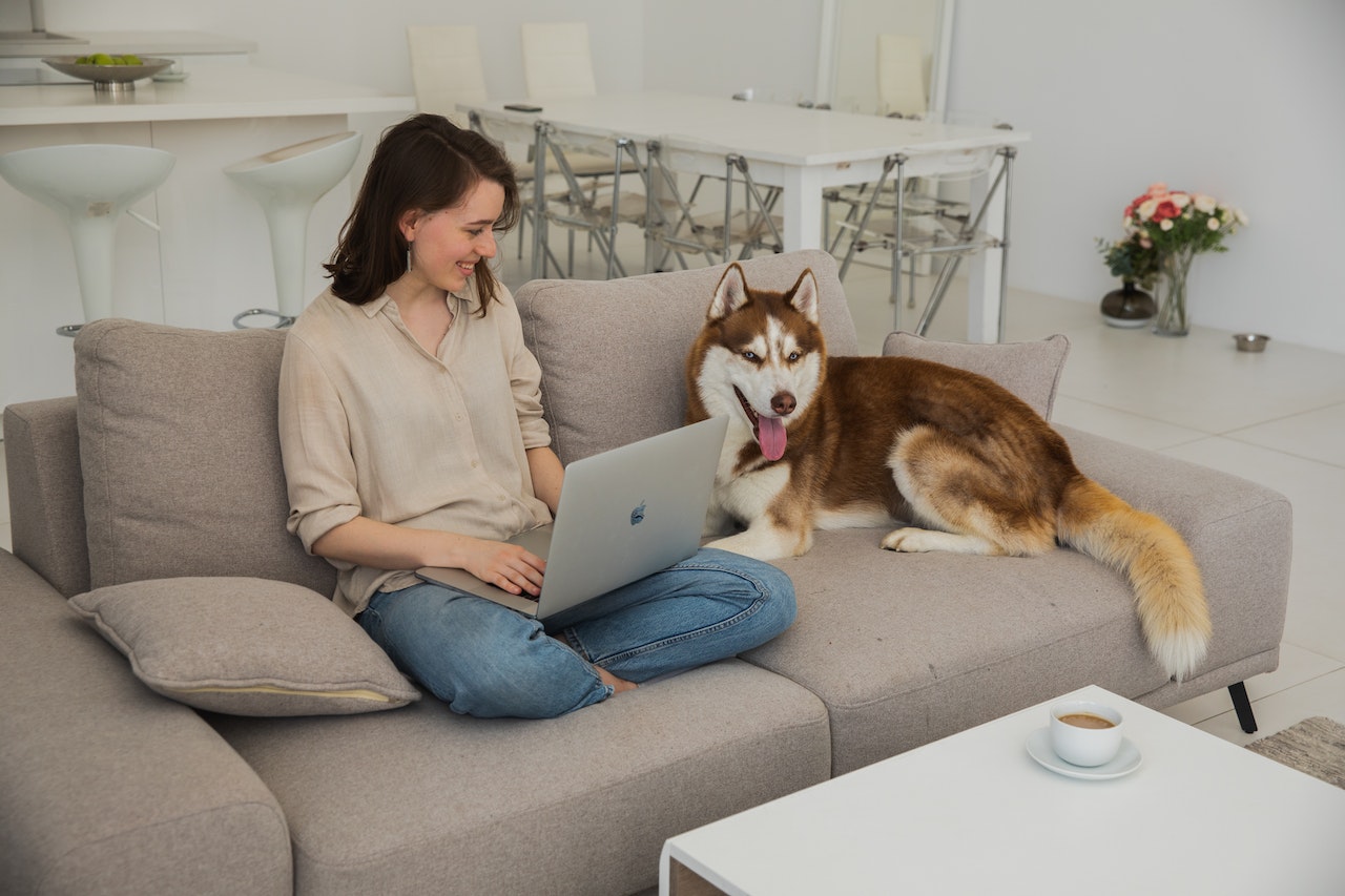 A young woman sitting down on a couch with a large brown dog