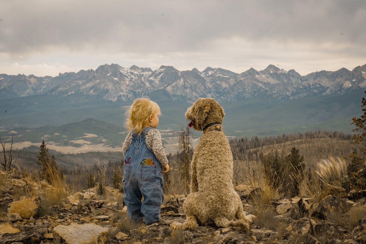 A blonde child sitting next to brown dog