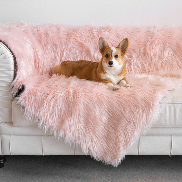 Corgi laying on blush pink faux fur pet blanket