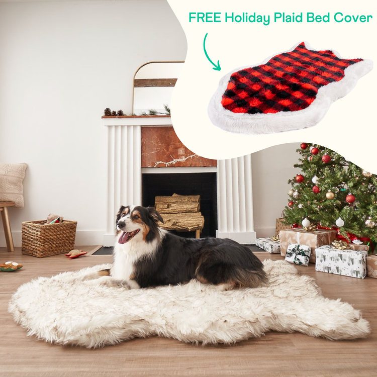 PupRug™ Faux Fur White With Brown Accents Orthopedic Dog Bed + FREE Holiday Plaid Bed Cover