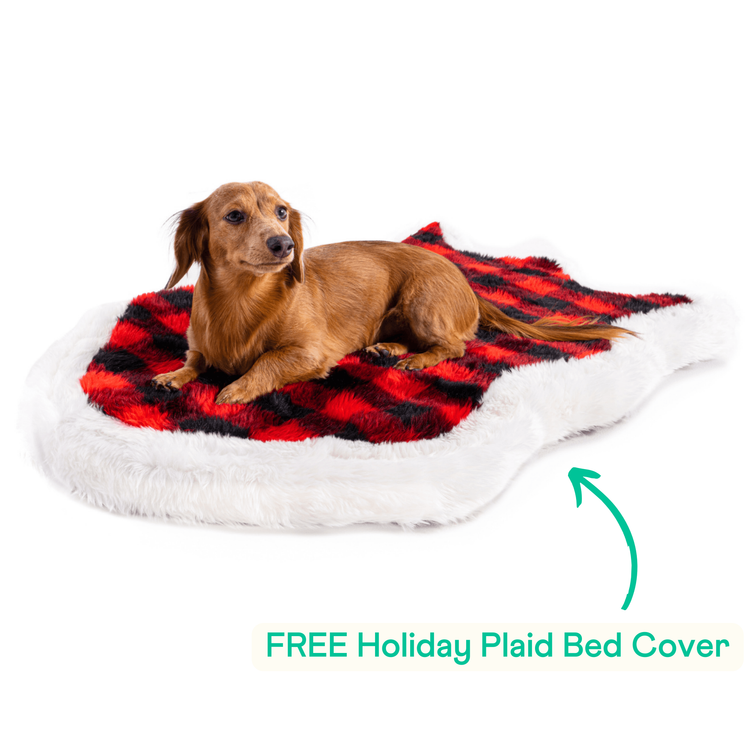 PupRug™ Faux Fur White With Brown Accents Orthopedic Dog Bed + FREE Holiday Plaid Bed Cover