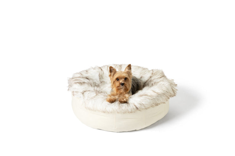 PupPouf™ Faux Fur Donut Dog Bed - White with Brown Accents