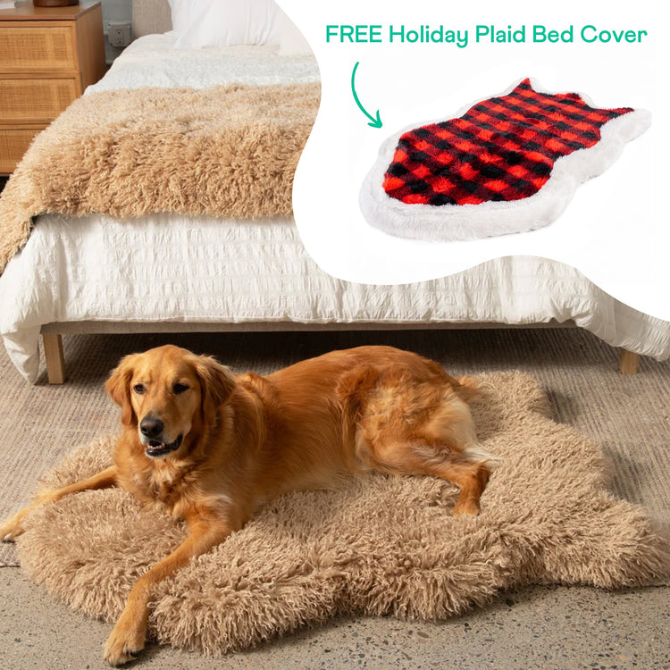 PupRug™ Luxe Faux Fur Tan Plush Sheep Orthopedic Dog Bed + FREE Holiday Plaid Bed Cover