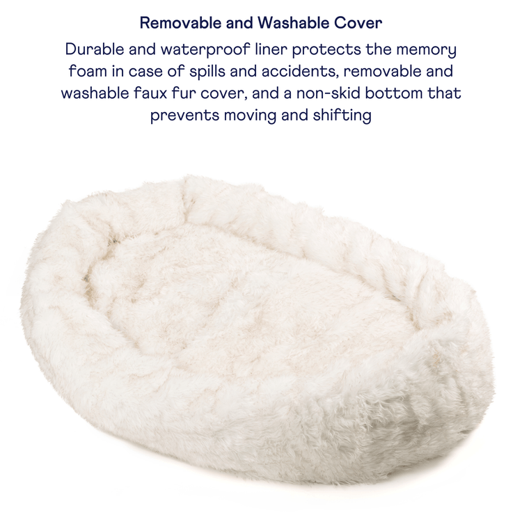 PupCloud™ Human-Size Faux Fur Memory Foam Dog Bed - White with Brown Accents