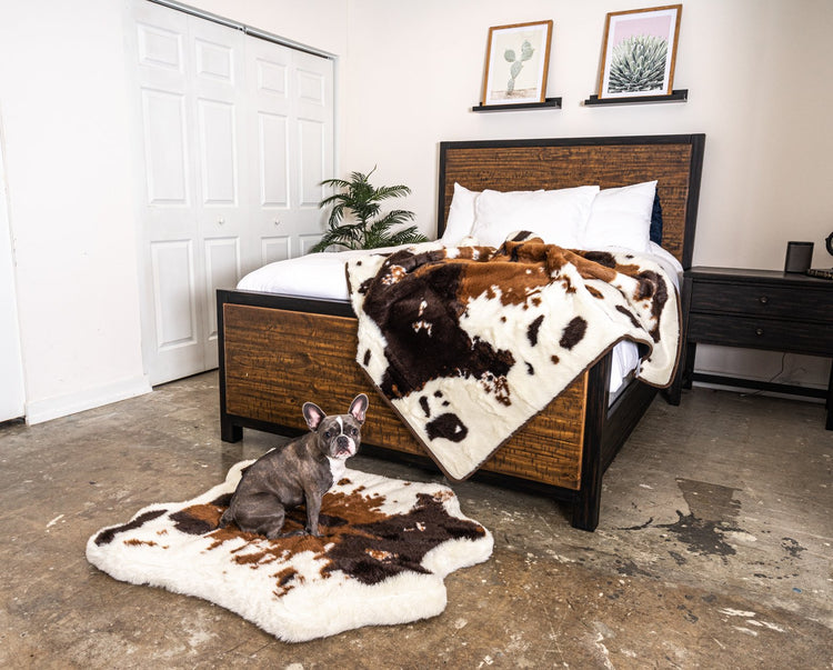 PupRug™ Junior Memory Foam Bed + Matching Waterproof Blanket Bundle - Brown Faux Cowhide