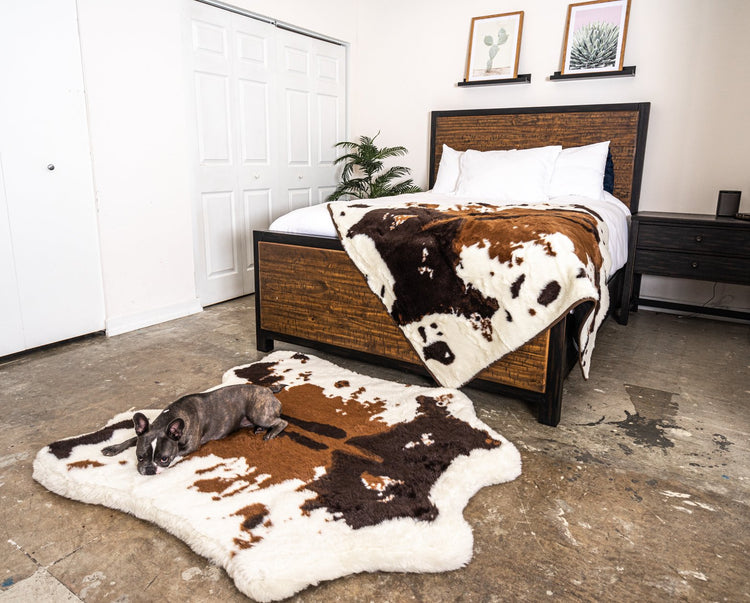 PupRug™ Memory Foam Bed + Matching Waterproof Blanket Bundle - Brown Faux Cowhide