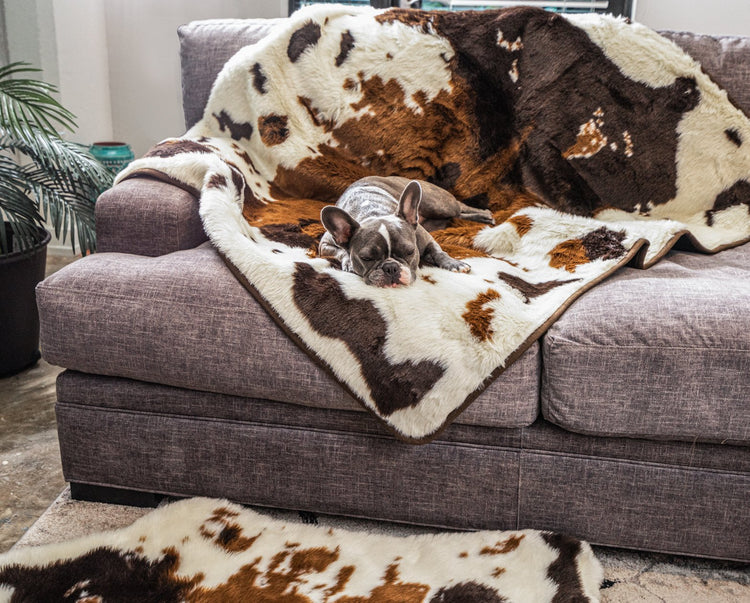 PupRug™ Junior Memory Foam Bed + Matching Waterproof Blanket Bundle - Brown Faux Cowhide